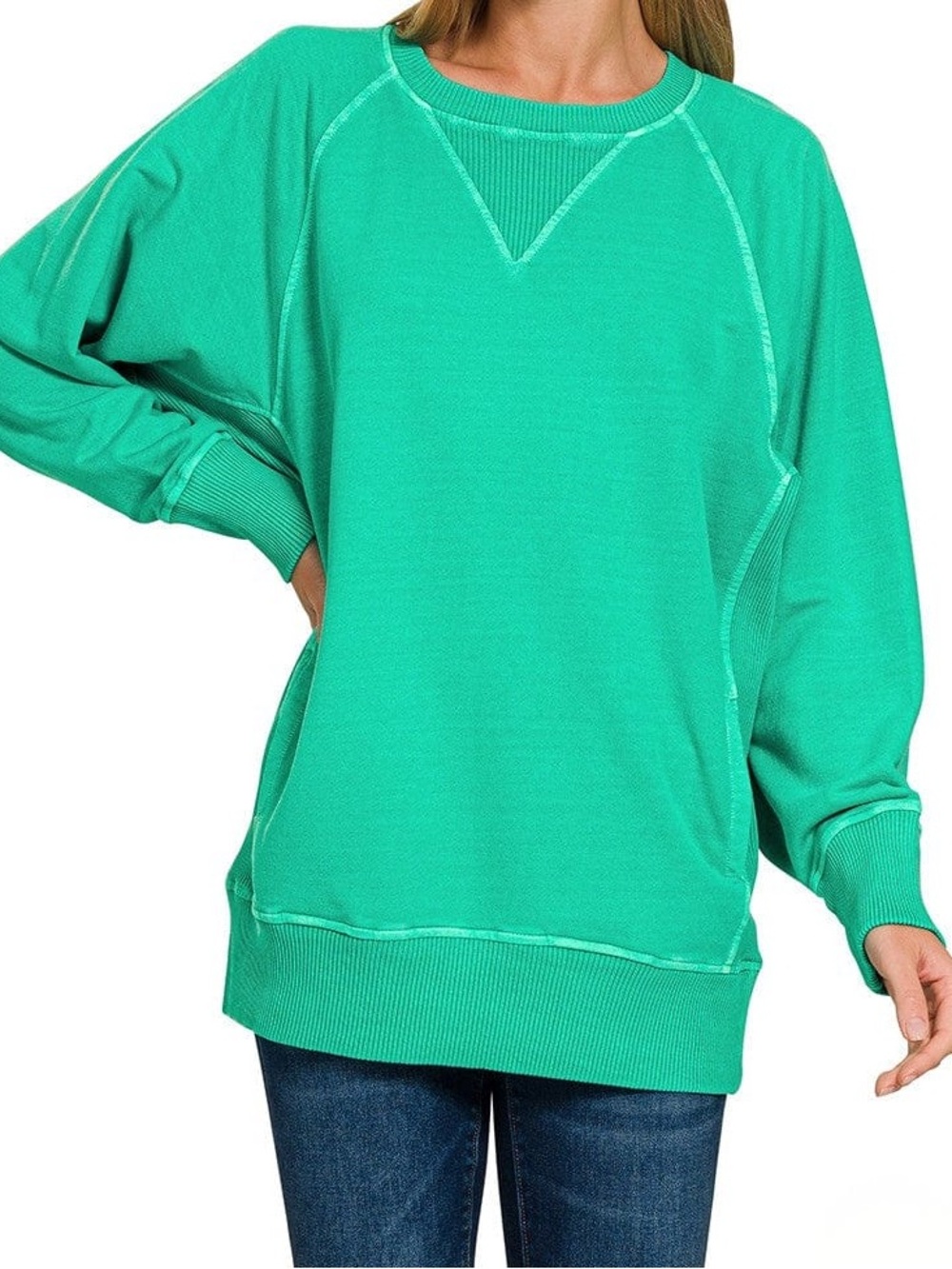 Zenana Pigment Dyed French Terry Pullover with Pockets in K Green